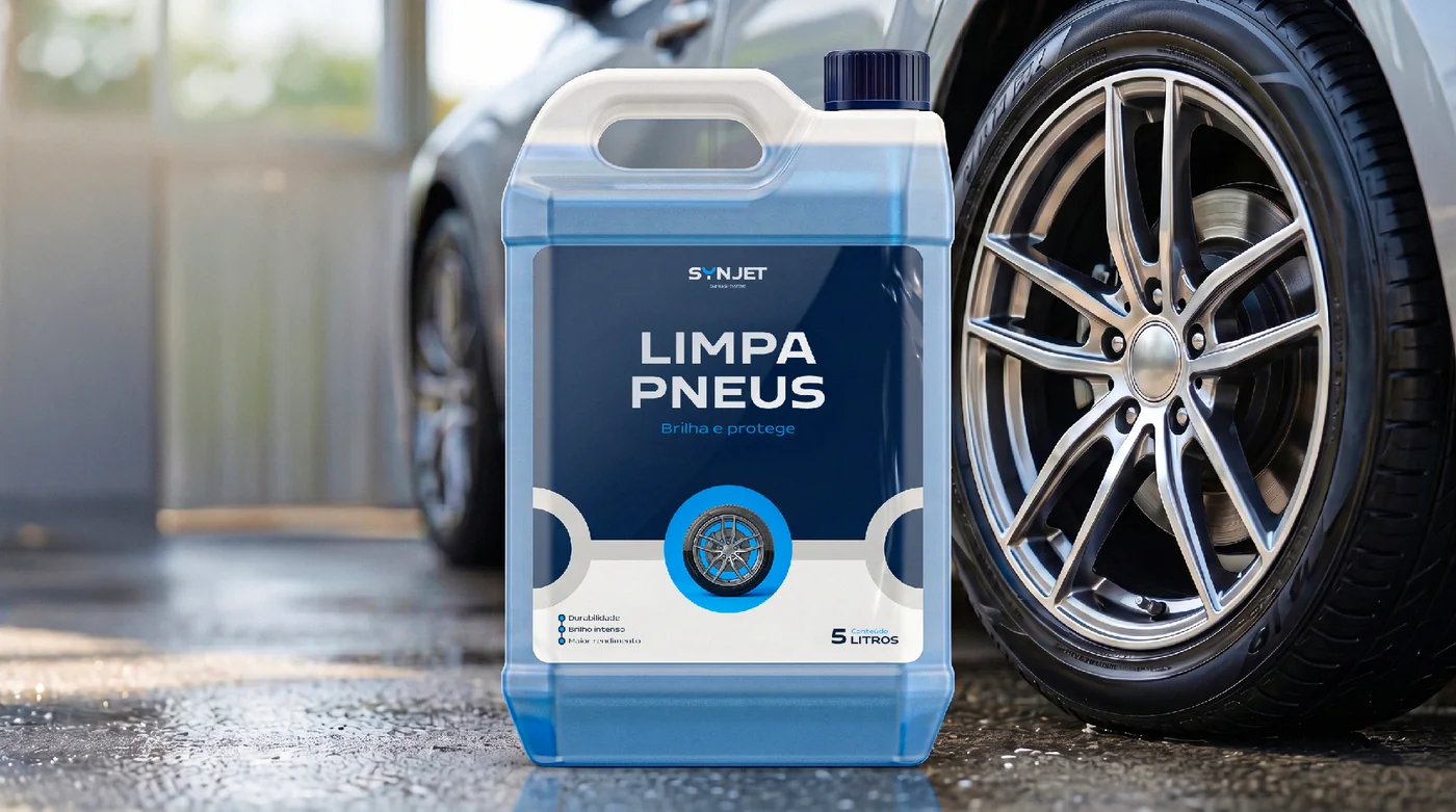 Galão de produto químico Synjet ao lado de uma roda